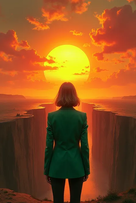 Bright sunset with green blazer and in the middle there’s an abyss