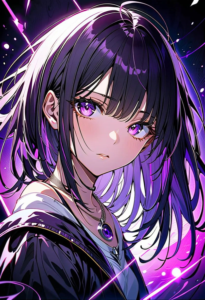 A young girl with long black hair and bangs, large and bright purple eyes with an intense shine,  with a serious and penetrating expression . The angle of the camera is slightly offset. His face is slightly turned to the viewer's left, but his eyes look di...