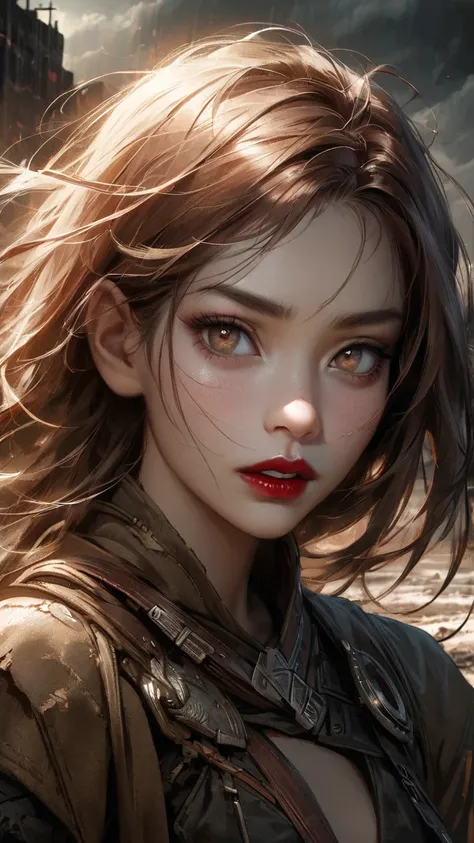 mundo paralelo apocalyptic, close, Slim red-haired girl with waves,  brown eyes, red lips, Semi-Asian eyes, with silver rings , Clothes, apocalyptic, post-apocalyptic, young girl, retrato, realistic, Detailed details, expressive eyes, full lips, soft face,...