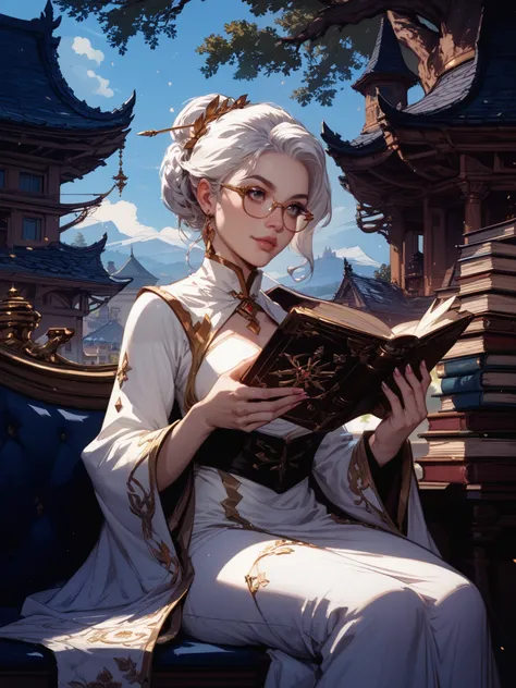 The image is a digital illustration of a woman sitting holding a book. She is wearing a white robe with gold accents and has white hair and glasses. The woman is holding the book in her hands. She has a peaceful expression on her face and is gesturing with...