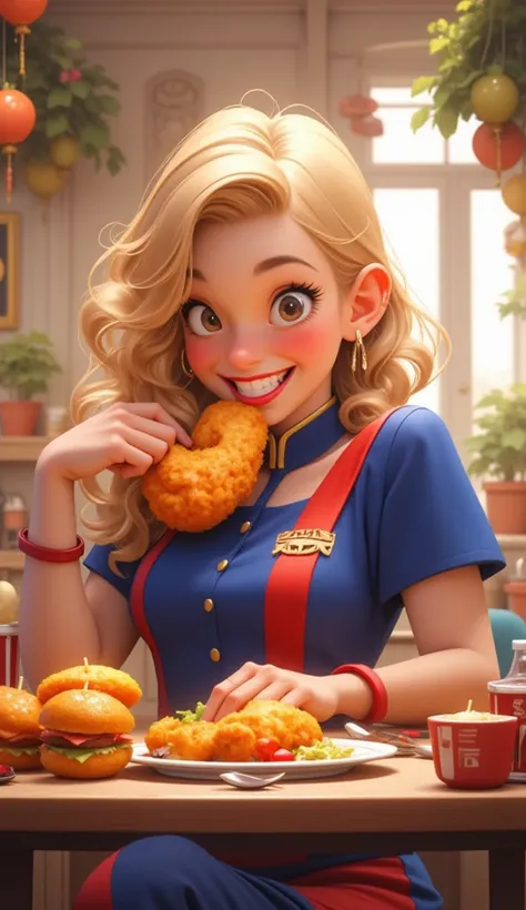 An animated scene showing a blonde heroine in a blue and red uniform, sitting casually and holding a big, juicy chicken drumstick. The heroine has a fun and lively expression, with a slight smile as she takes a bite of the drumstick. The setting is casual,...