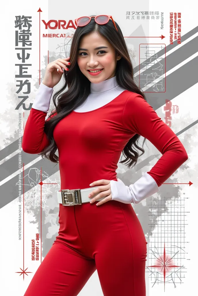 Female Red Ranger from Power Ranger, tight Red Ranger Suit. Super heroes Poses, smiling seductif

The background is a clean, high-tech graphic design with sharp geometric patterns, dynamic diagonal lines, and a monochromatic gray-white aesthetic. Overlays ...