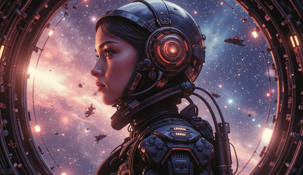 full body (obra maestra), ( extremely difficult  :1.3), ( realistic), ((( Avant-garde - Opyt  ))), (((space, galaxy, stars ,  humanities  ))), ((( A girl in space armor ))), ((( Cosmic pilot helmet ))), ((Ideal figure)), (( Cara y textura de la piel epic l...