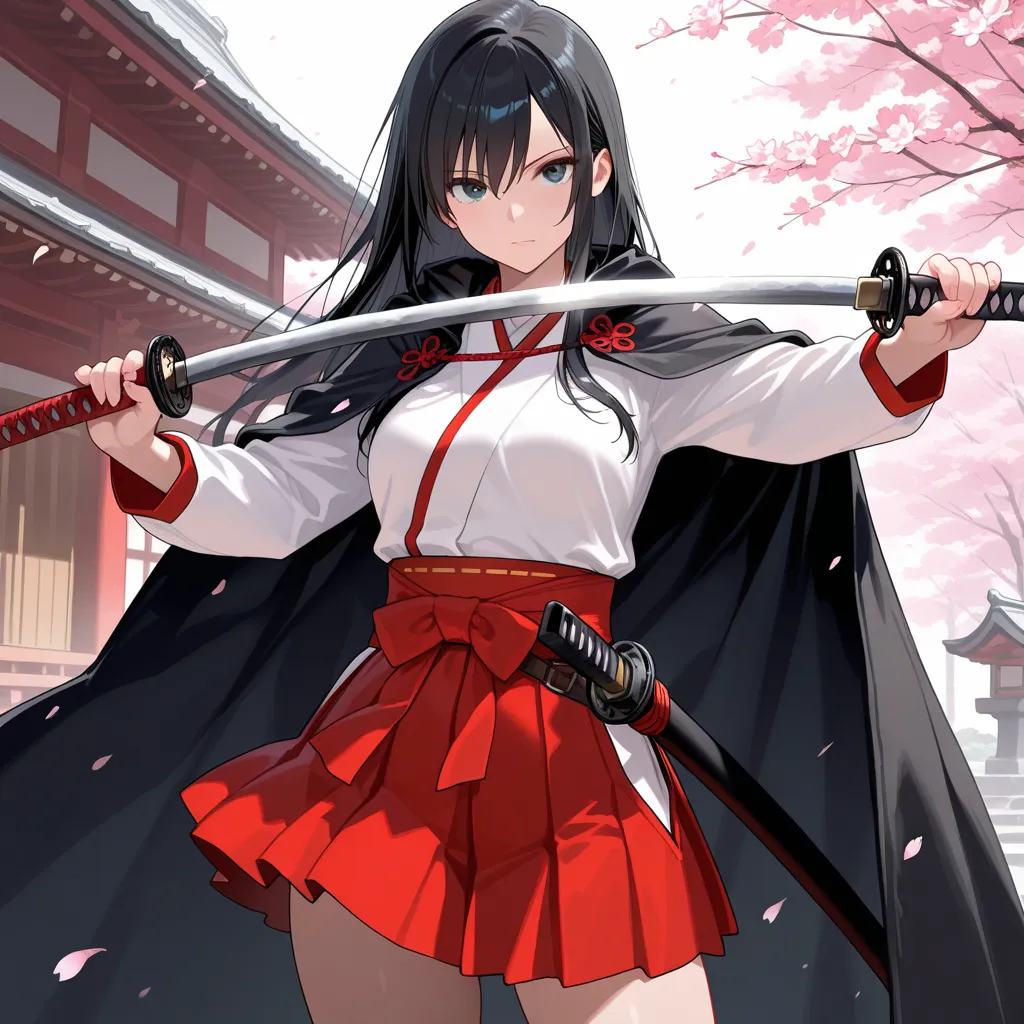 masterpiece,best quality,Very accurate,woman,Japanese clothing white,swordsman,1katana,black long hair,sakura,Red mini-skirt,cloak,aiming a katana at viewer,