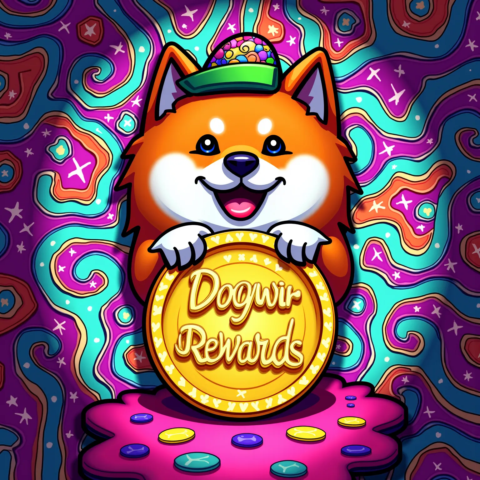 In acid drug style Shiba inu a Dog wif Hat meme holding sign and smiling  , high quality detalis , dont put any inscriptions on coin put something else like squares or lines , add in the middle atypical font  inscription  "dogwifrewards" , high resolution 