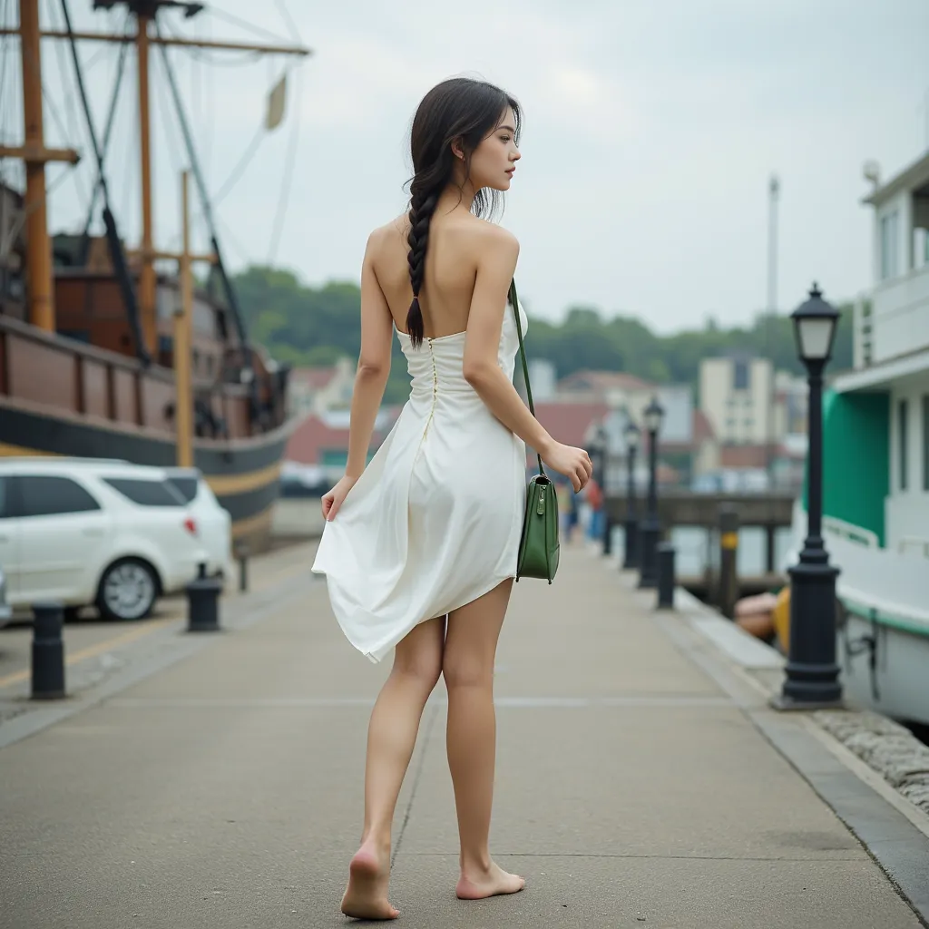 FULL BODY, including her calves: A 20-year-old girl walks with her back to the camera and we see her full body, 
and we do not see her face or her chest, we see her from her ankles to her head, she does it along the dock full of large boats and with her wh...