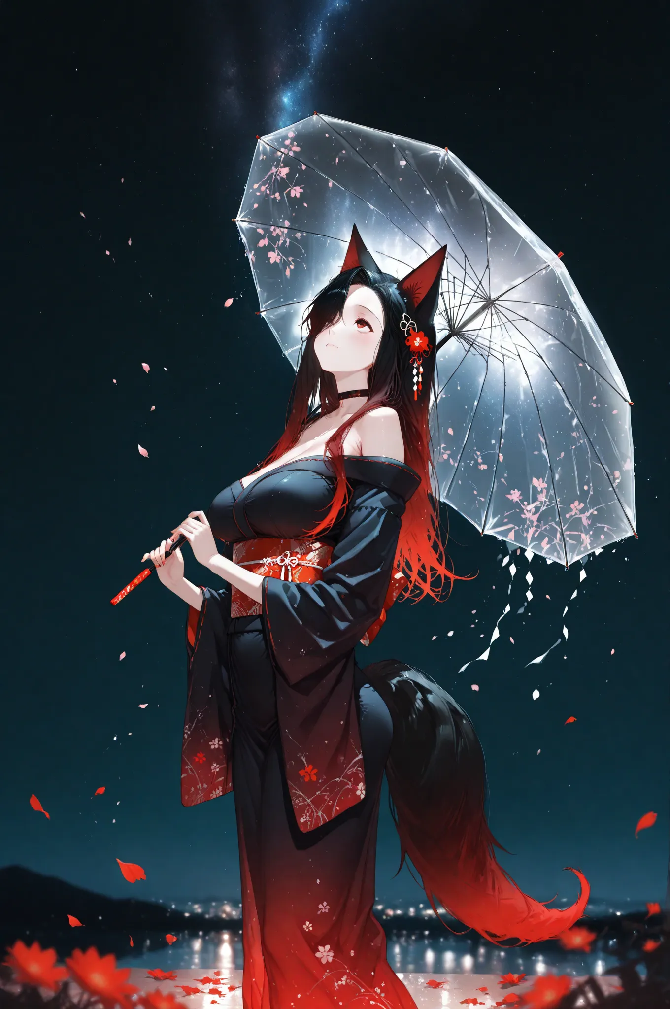 masterpiece, best quality, amazing quality, very aesthetic, 1female, fox girl, Kuroki Monika, black and red fox ears, black fox tail with red tip, red eyes, gradient hair, black and red hair, long hair, asymmetrical hairline, hair over right eye, large bre...