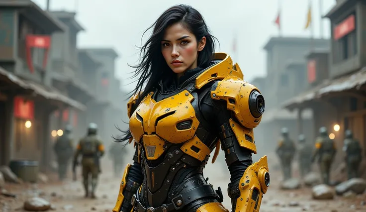 Create a white woman with black hair, in a modern combat armor like an iron man armor, the color of the armor is yellow and black, she is in an army compound