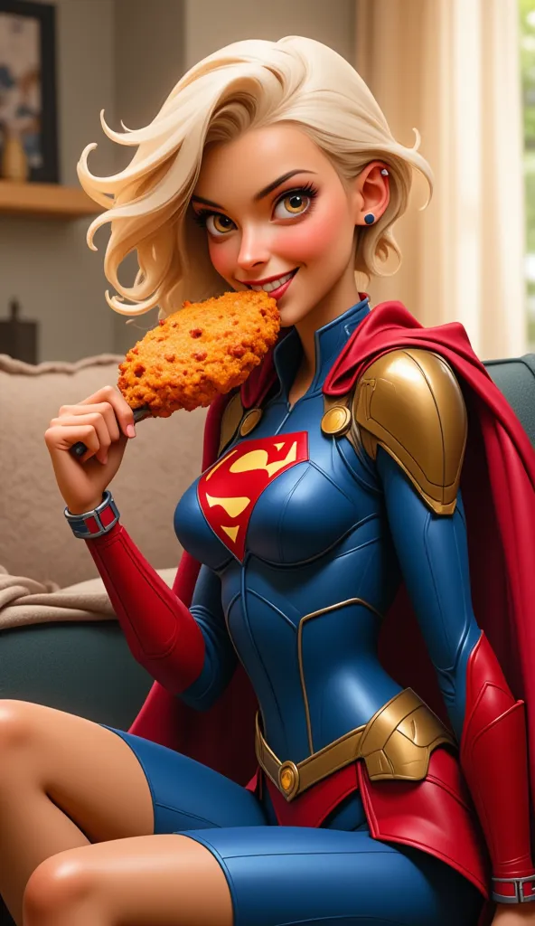 An animated scene showing a blonde heroine wearing a heroic blue and red uniform with a cape and golden details, sitting casually on a comfortable sofa. She is holding a big, juicy chicken drumstick, bringing it to her mouth with a fun and lively expressio...