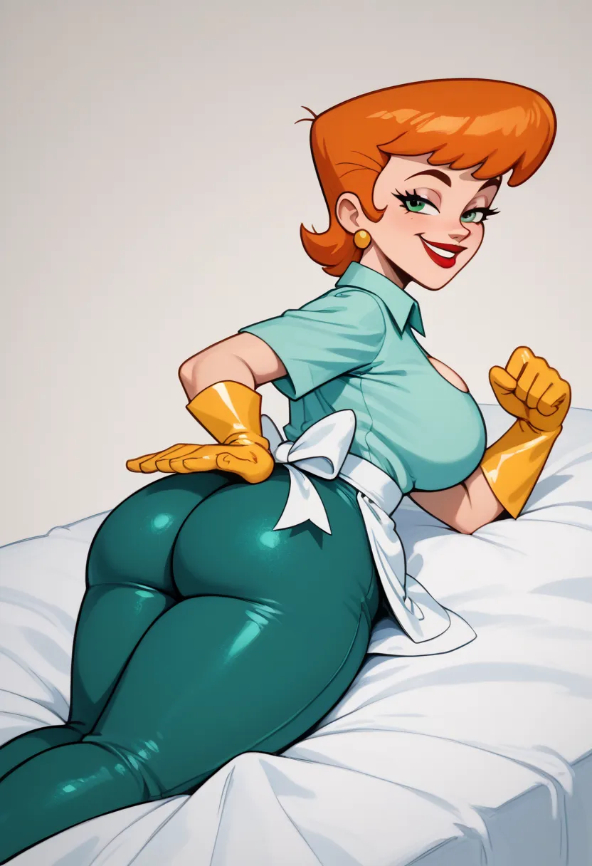 dextersmom,  white apron background, turquoise shirt, fat breasts,  yellow rubber gloves, orange hair, earrings, , short hair,  smile, tits lying on a bed, in a room, red lipstick,  green exercise pants , turns its back on the spectator,  ass to the specta...