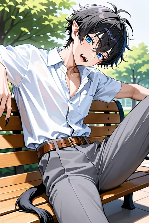 BEST QUALITY, ULTRA DETAILED, PERFECT ANATOMY, HIGH DEFINITION, INTRICATE DETAILS, ALONE, (MALE), 1boy, slim toned, short black hair, unkempt hair, blue eyes, SPLIT PUPIL, sharp nails, fangs, pointy ears, ox tail, school uniform, dark gray pants, brown bel...