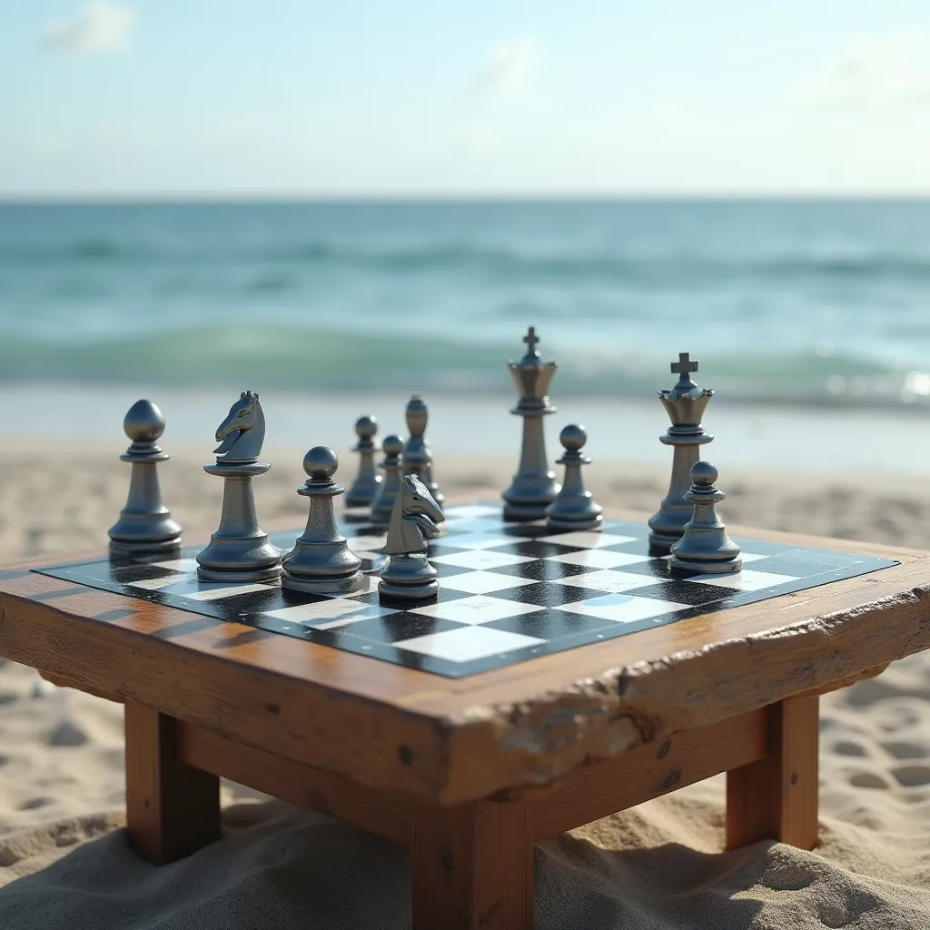 Chessboard on a table in the Pacific, super detailed, realistic, super just right, masterpiece, 4K, 8k 