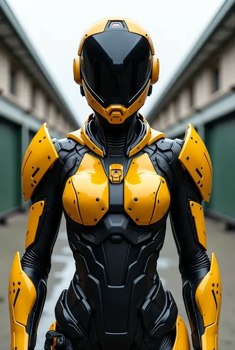 Create a woman, in a modern combat armor like an iron man armor, her helmet covers all her face, the color of the armor is yellow and black, she is in an army compound