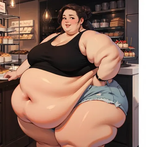 (realistic:1.3),  high aesthetic, beautiful american girl, USSBBW, morbidly obese, fatblob, tight tank top, hotpants, enthusiastic expression, cute smile, taking order, huge lips, massive thighs, cake shop, loose hair bun
