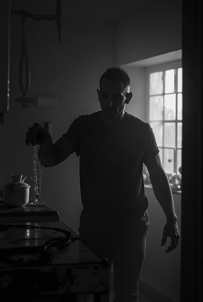 A man in a kitchen pouring himself water Horror image in black and white 