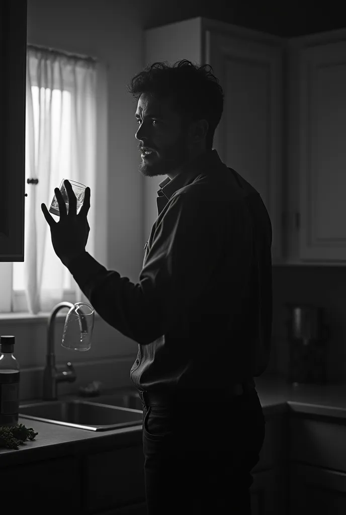 A man in a kitchen pouring himself water Horror image in black and white 