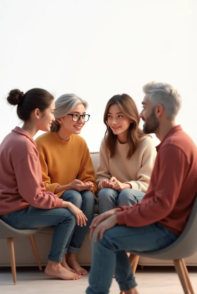 parents and older ren talking in the living room with a white background