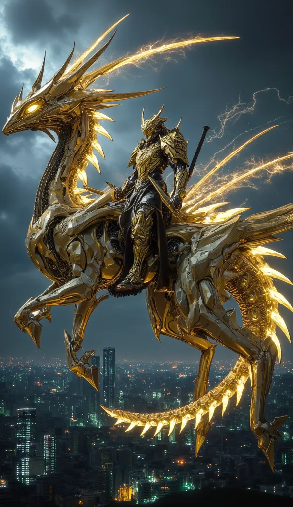 "A warrior in ornate golden armor rides atop a colossal flying serpent with bioluminescent scales. The beast glides through a stormy sky, its wings generating lightning as the rider wields a spear crackling with pure energy. Below them, a vast futuristic c...