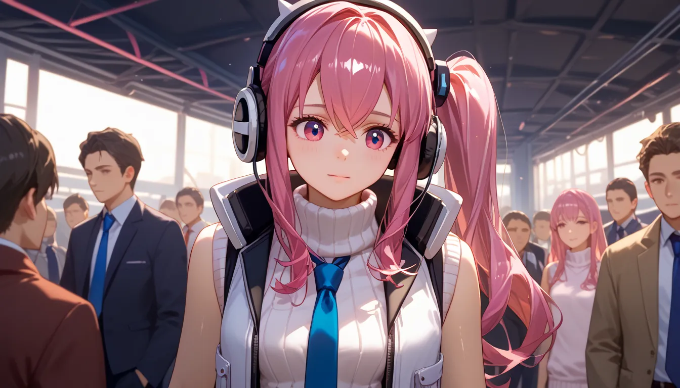 ppprdf, pink hair,  long hair, Side lock, Side Ponytail, Headphones, For Audience，Hold your right hand on the headset and listen carefully to the music，breast,  blue tie,  white vest, Sleeveless,  white sweater, turtleneck,  ribbed sweater , Sweater Dress,...