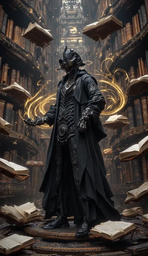 "A mystical alchemist in a dark, Victorian-style robe stands inside a massive floating library, surrounded by levitating books filled with ancient knowledge. Their mechanical gauntlet glows with alchemical symbols as they manipulate swirling golden energy....