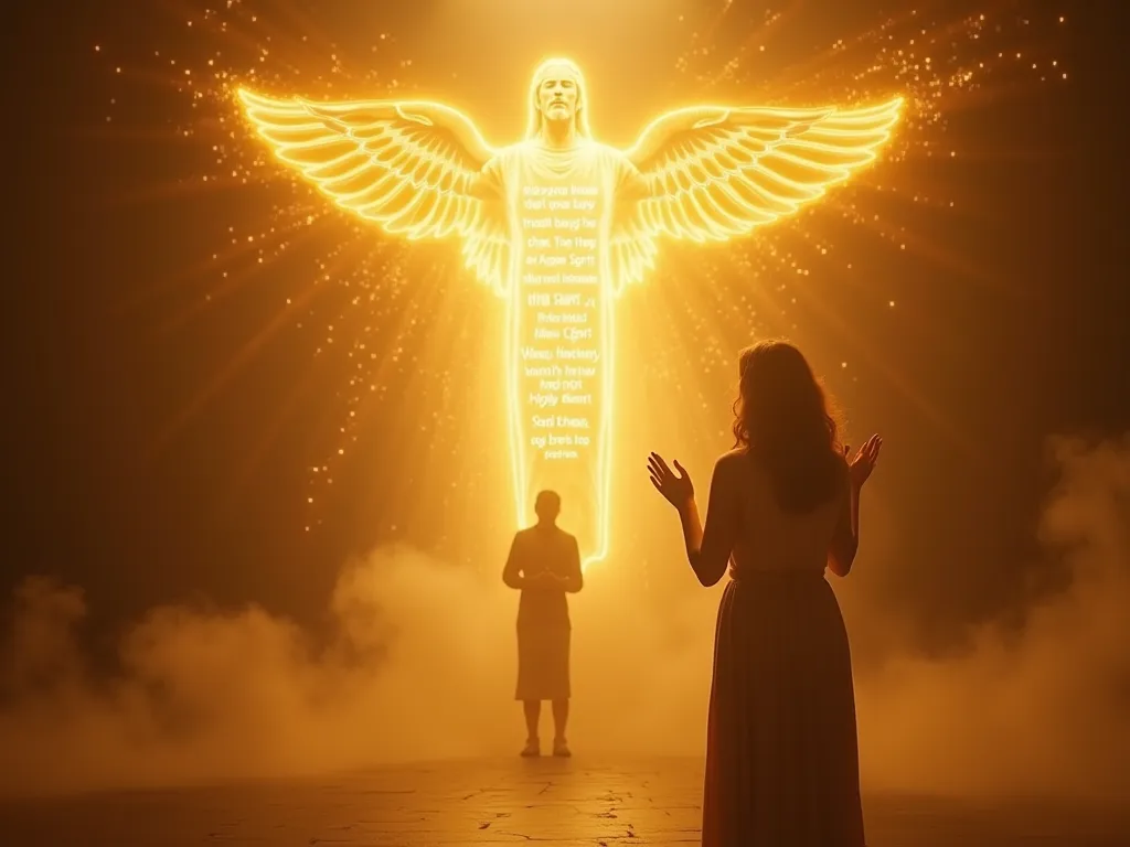 A heavenly figure radiating intense golden light stands before the female preacher, speaking with divine authority. His presence is both overwhelming and sorrowful. A massive, glowing scripture floats in the air, displaying the verse from 1 Corinthians 6:1...