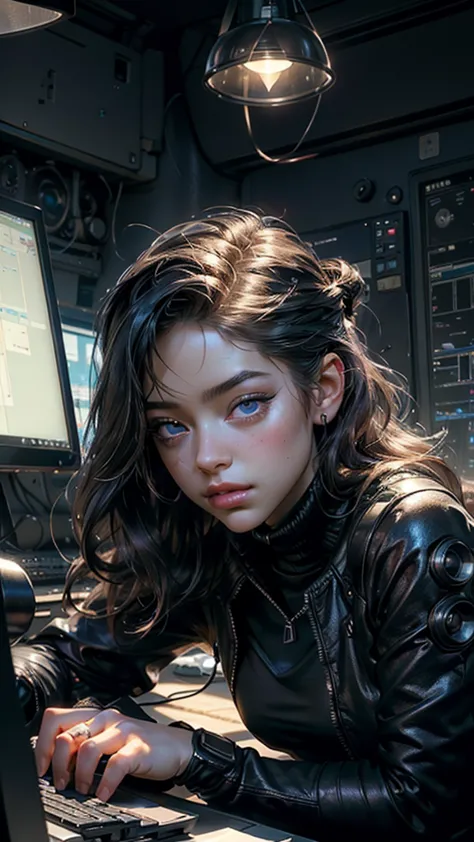 ((best quality)), (( Masterpiece )), ( very detailed:1.3), 3d,  beautiful (Cyberpunk:1.3) female hacker with thick voluminous hair,  female hacker working at a computer terminal , 