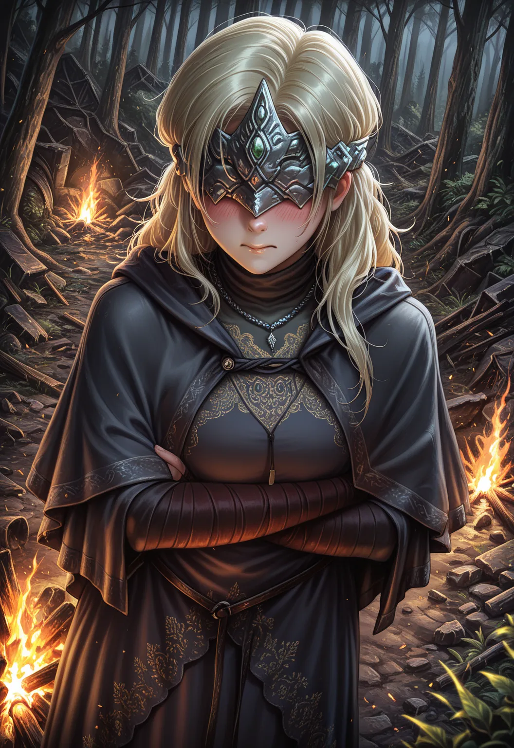 masterpiece, best quality, BREAK, dynamic angle, 1girl, solo, firekeeperill, blonde hair, mask, dress, capelet, necklace, bandaged arm, arms crossed, looking at viewer, forest, bonfire, embers, ruins, foliage, dark lighting, detailed scenery, crossed arms,...