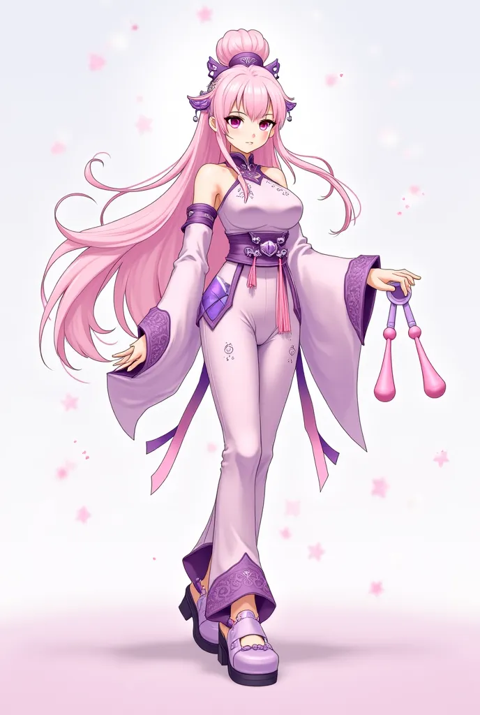 Ancient Chinese anime character, long hair, light pink, with light purple jewelry on her head, wearing a light pink blouse with a light purple combination, light pink pants with a light purple combination, Chinese antique Chinese shoes, light pink mixed wi...