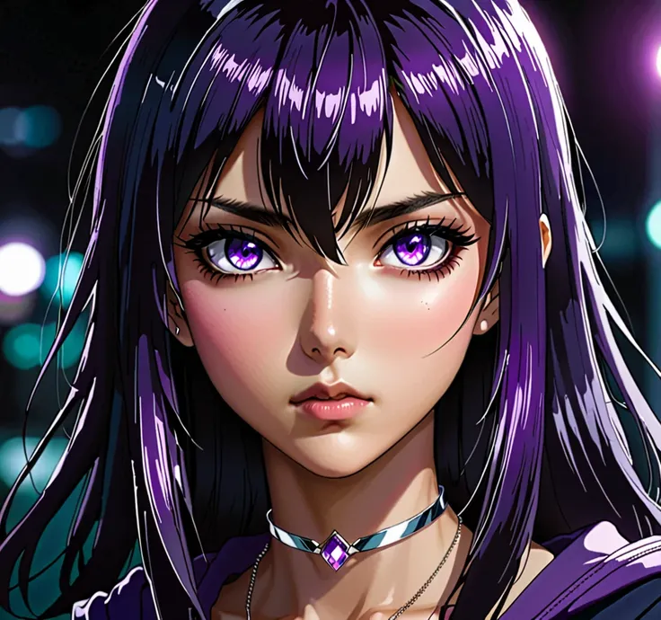 A young girl with long black hair and bangs, large and bright purple eyes with an intense shine,  with a serious and penetrating expression . The angle of the camera is slightly offset. His face is slightly turned to the viewer's left, but his eyes look di...