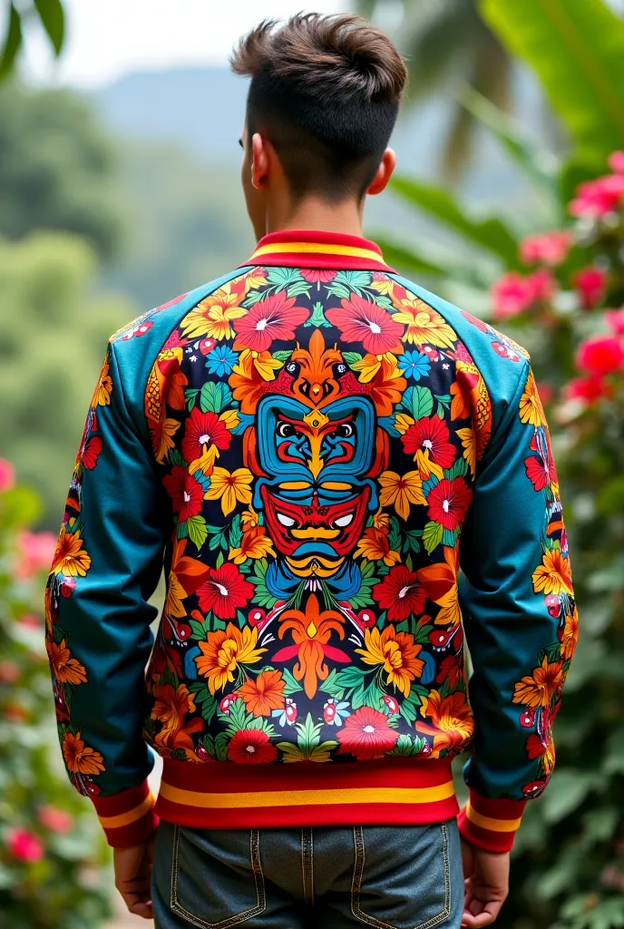 Design a baseball-style jacket with Hawaiian tribes and bright colors 