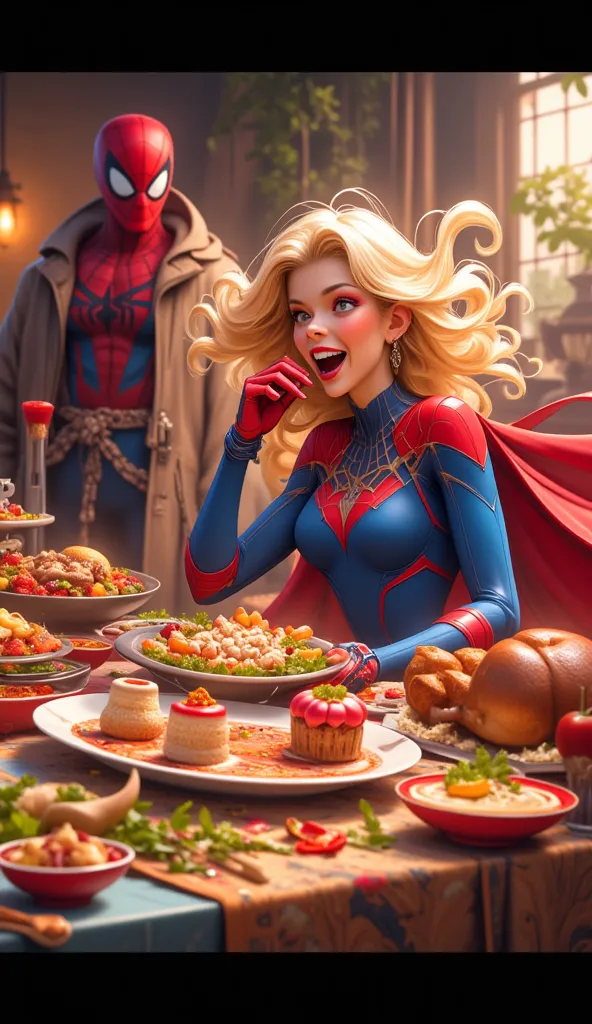 An animated scene showing a blonde heroine in a blue and red uniform with a cape, sitting at a table full of food, eating enthusiastically from a variety of dishes. The table is filled with items like a roasted pig, fruits, bread, and desserts. In the back...