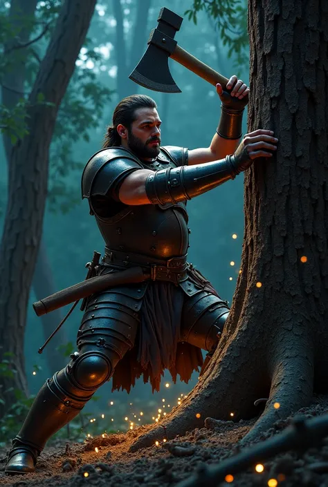 A Spanish conqueror hits a tree with an axe at night