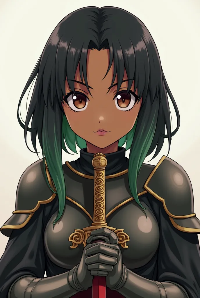 Screenshot: Nanatsu no Taisan, a tall girl with dark brown skin, round brown eyes, shoulder-length hair, black with green tips. , Red lips round face has armor  , While he has a serious expression long a sword in both hands 