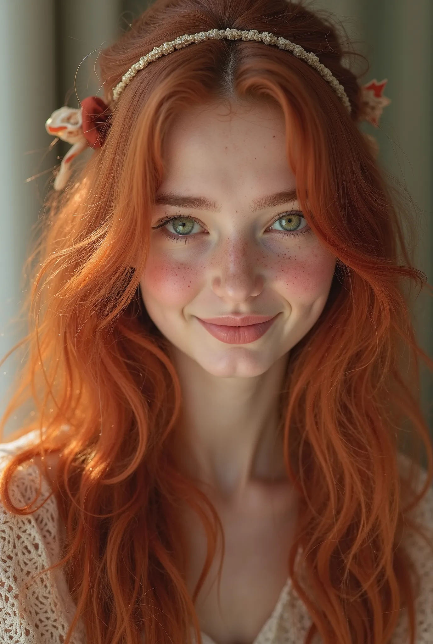 Cute red-haired girl, long hair y green eyes claros delineados de negro, long hair, blush,  smile, Very long hair, Headband, alter,  beautiful woman's face ,  light leather balcony, green eyes, black eyeliner,  long red hair ,  loose hair, wavy hair, blush...