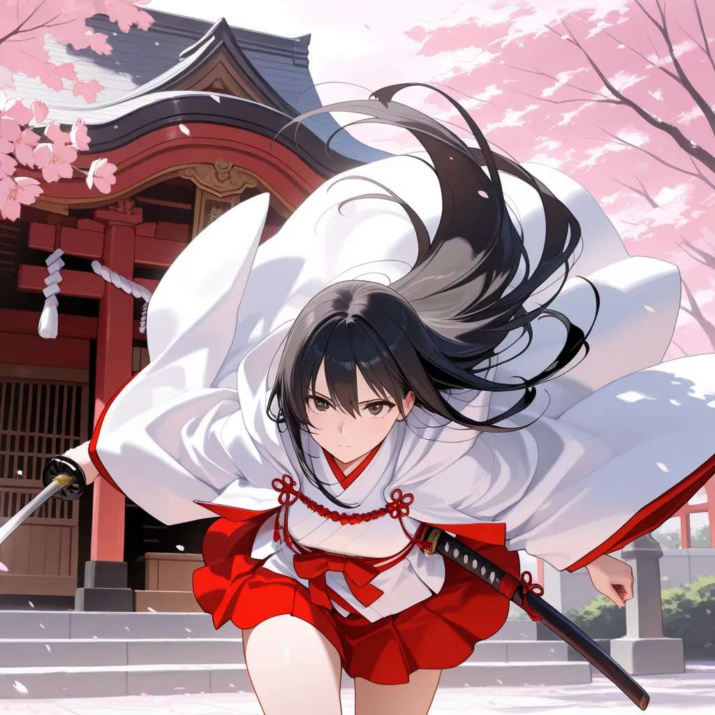 masterpiece,best quality,Very accurate,woman,Japanese clothing white,swordsman,(one katana),black long hair,sakura,Red mini-skirt,cloak,dynamic,shrine maiden's ceremonial dress,