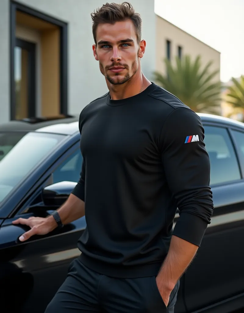 A realistic photo of a muscular man with seriously face! European descent wearing the black BMW Motorsport sweatshirt shown in the reference image. The man is standing confidently next to a BMW M5 (latest model), which is positioned sideways to the camera ...