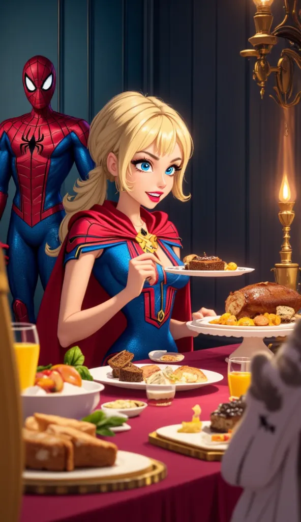 An animated scene showing a blonde heroine in a blue and red uniform with a cape, sitting at a table full of food, eating enthusiastically from a variety of dishes. The table is filled with items like a roasted pig, fruits, bread, and desserts. In the back...