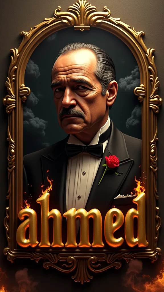  Créer un logo 3d  portant le nom 
 Ahmed en couleur dorée, combiné avec l'image du godfather, don vito Corleone Résolution Haute, avec un arrière plan majestueux royale avec effet orage fumée et feu
