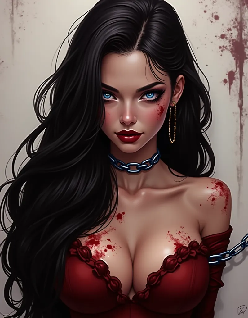  Realistic illustrated image ,Beautiful woman all bloodied chained to a wall in a dark place,  long jet-black hair ,Sapphire blue eyes,  light porcelain skin  ,   full red lips   ,   European features,the most beautiful woman in the world,appearance of Meg...