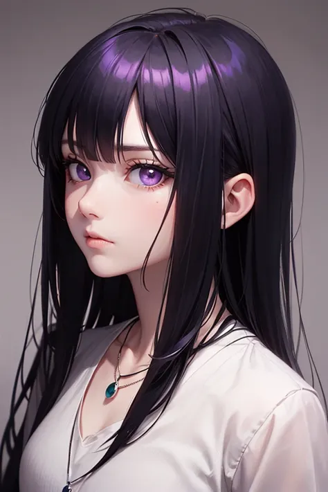 A young girl with long black hair and bangs, large and bright purple eyes with an intense shine,  with a serious and penetrating expression . The angle of the camera is slightly offset. His face is slightly turned to the viewer's left, but his eyes look di...