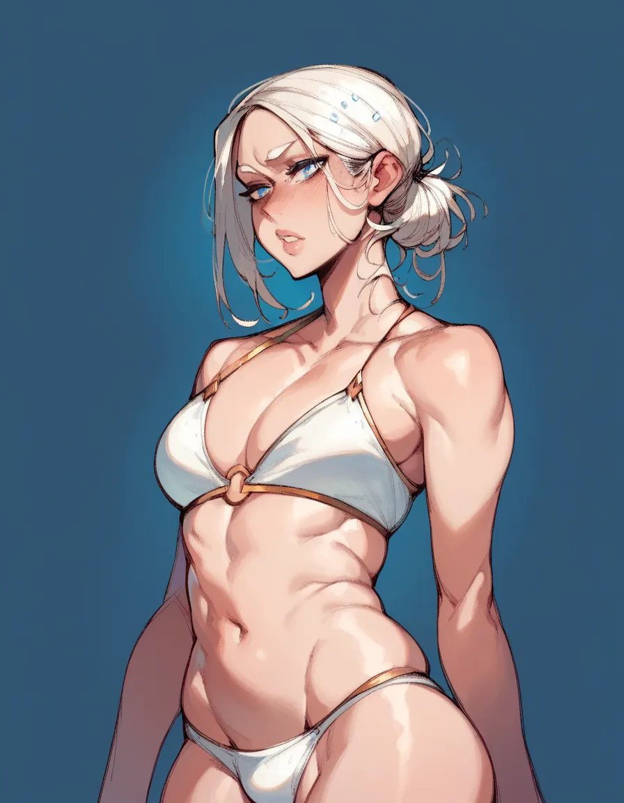 Angel woman; white skin; blond hair; blond hair; big tits; white blue eyes; white bikini; panty; dark blue background; white background; safe to work content 