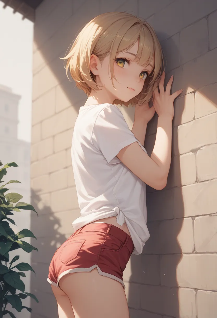 A cute girl in a white shirt and short short shorts is pressed against the wall. She's spiteful and her hair is loose and it's yellow. 