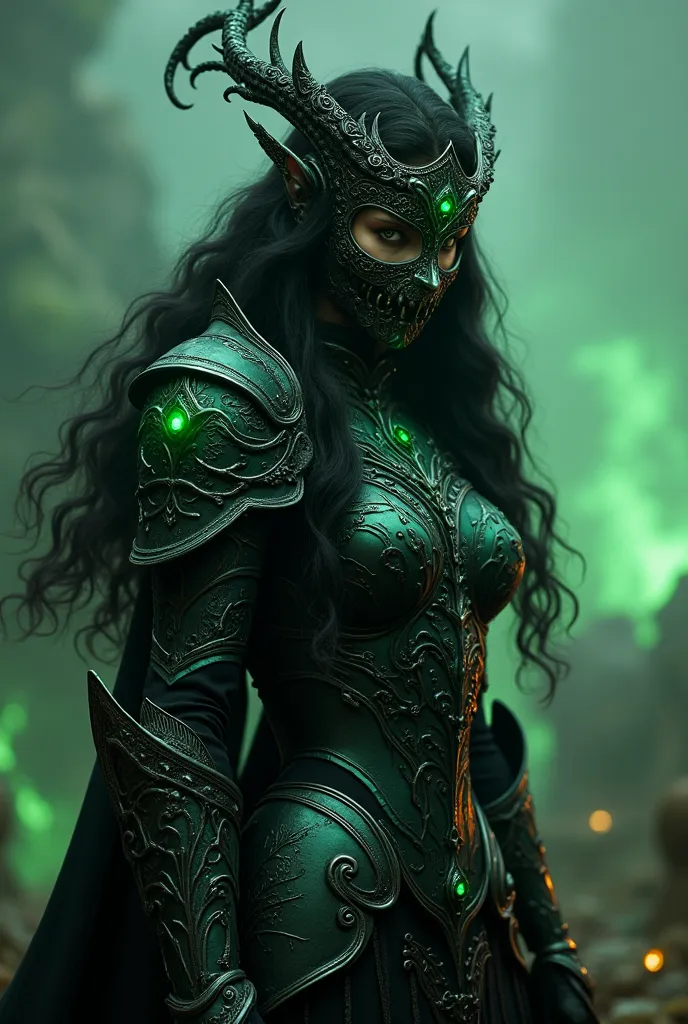 "A dark enchantress knight with cascading raven-black hair and glowing emerald eyes, wearing an obsidian crown encrusted with cursed gems. Her armor is a blend of black and deep green, with intricate gothic engravings resembling ancient spells. A hauntingl...