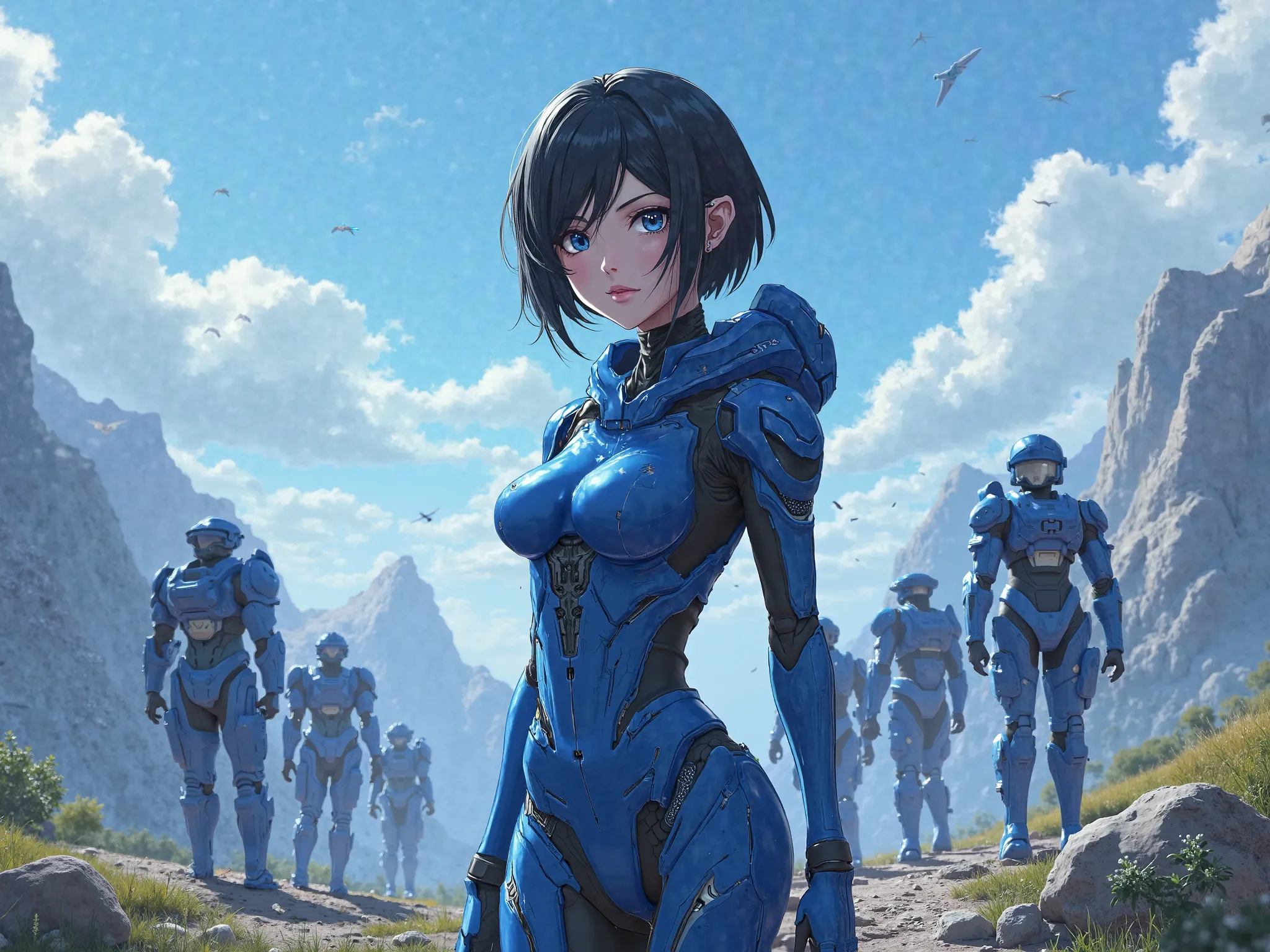 landscape frame, center cortana from halo, size DD boobs, sleek blue skin, black hair, background spartans, anime