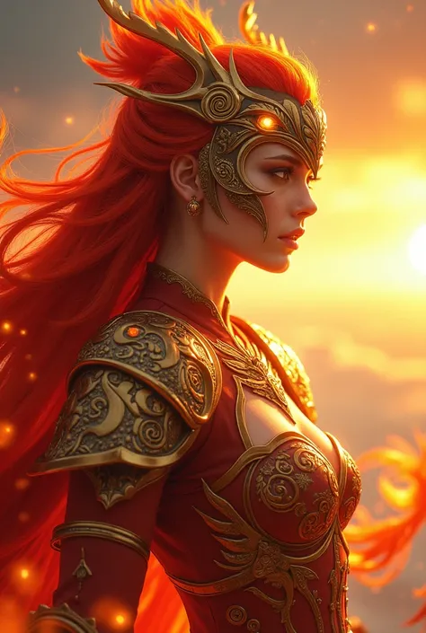 "A legendary Phoenix Guardian princess with fiery red hair cascading in waves and piercing golden eyes, wearing a delicate yet powerful golden crown shaped like flames. Her ornate battle armor glows with shades of red, gold, and orange, decorated with intr...