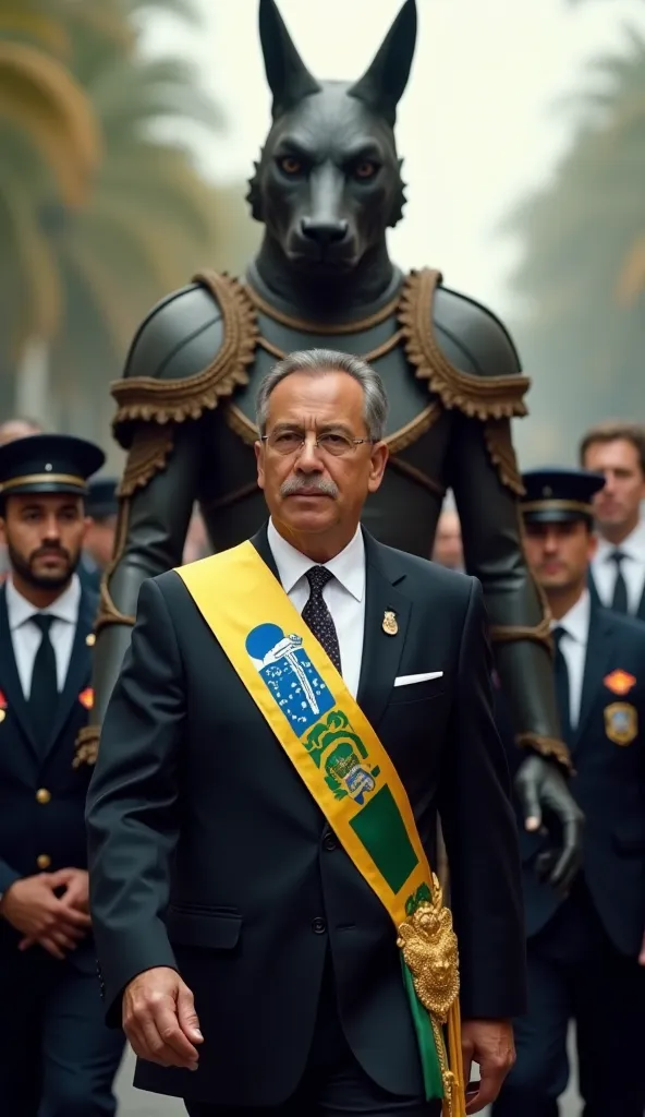 I want you to create a photo of the current president of Brazil dressed in a suit and wearing a full-length presidential sash in a busy place surrounded by a very strong security guard behind him a giant with an animal's head and very beautiful war armor d...