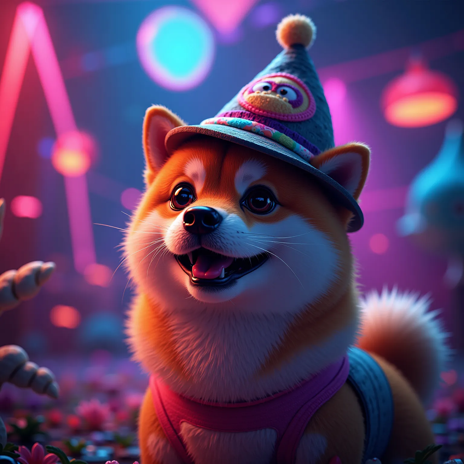 in acid drug style shiba inu like a dog wif hat meme and smiling,atypical font inscription "dogwifrewards",high resolution,cinematic lighting,intricate details,vivid colors,highly detailed,photorealistic,4k,8k,professional,studio lighting,physically-based ...