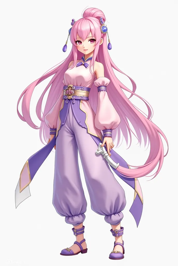 The female character is full of ancient Chinese, with long light pink hair, with light purple jewelry on her head, wearing a light pink blouse with a light purple combination, light pink pants with a light purple combination, a light pink Chinese series of...