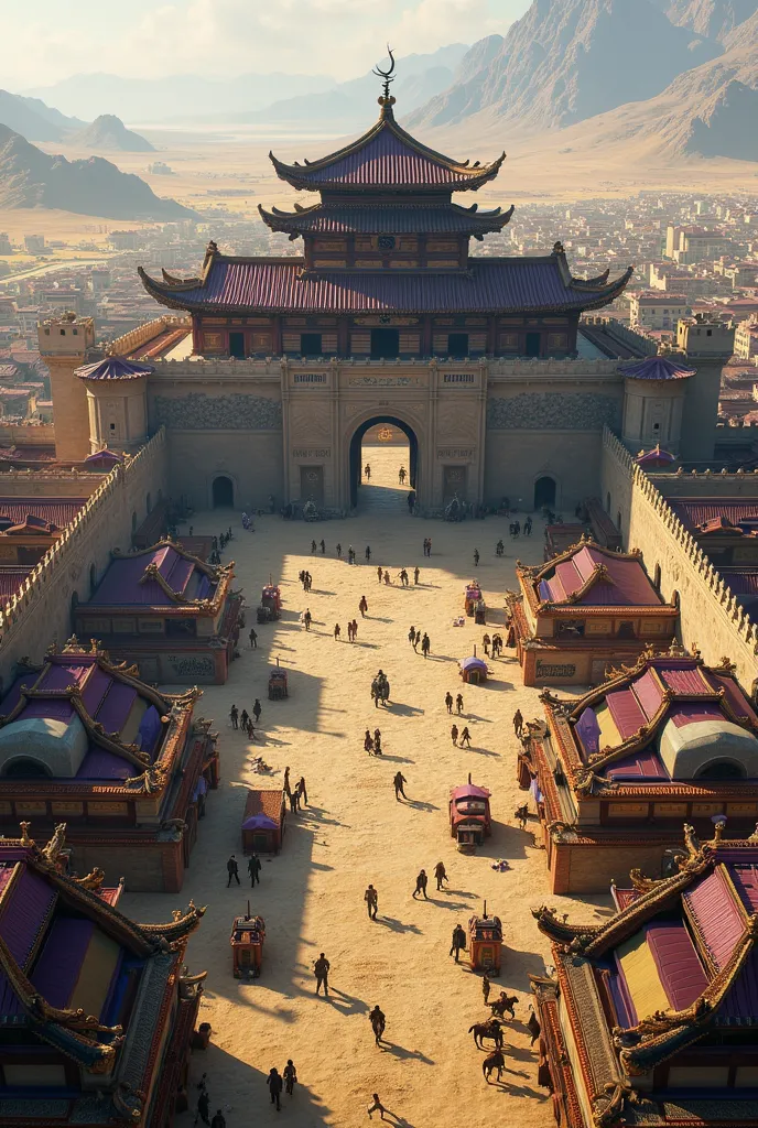 A highly detailed, top-down aerial view of a grand fortress located in the heart of a bustling city on vast golden steppes. The castle combines traditional East Asian architecture with foreign steppe influences. It is surrounded by a fortified stone wall w...