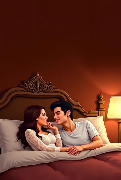 The image shows a digital illustration of a couple lying in bed, with a romantic and intimate atmosphere. The woman has long, wavy hair, She wears a white lace sweater and looks at the man with a passionate smile. The Man, with dark and well-groomed hair, ...